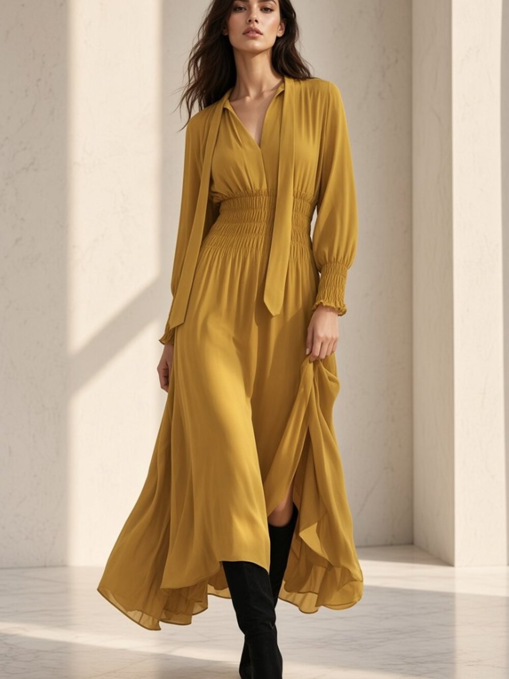 ZARA Mustard Yellow Chiffon Long Sleeve Boho Midi Dress